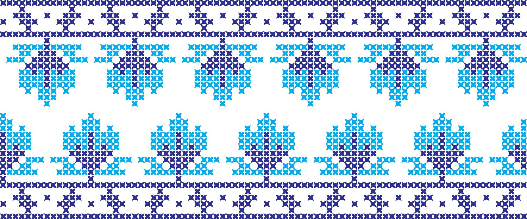 close-up geometric embroidery in blue thread