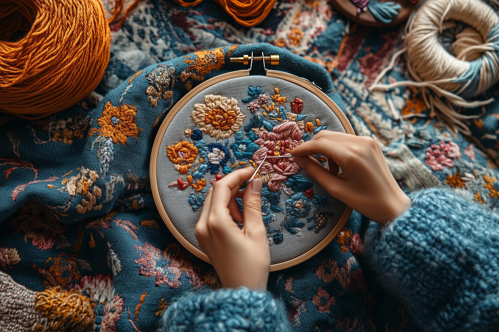 studio hands stitching a motif on a hoop