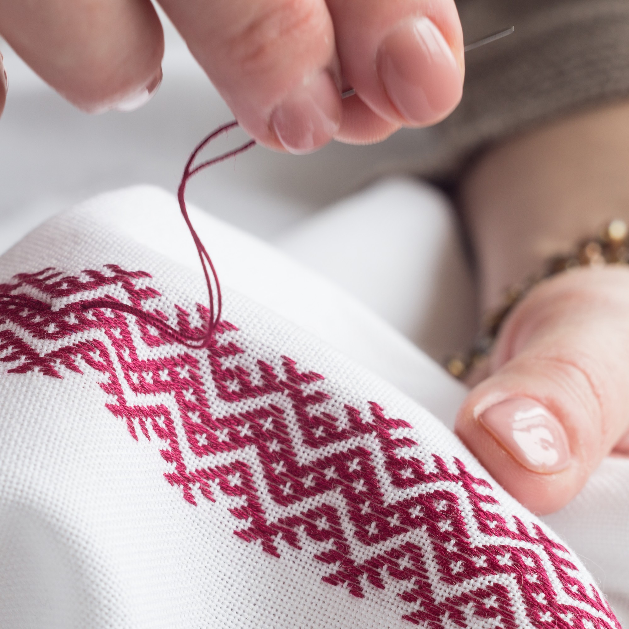 close-up of hand embroidery on linen